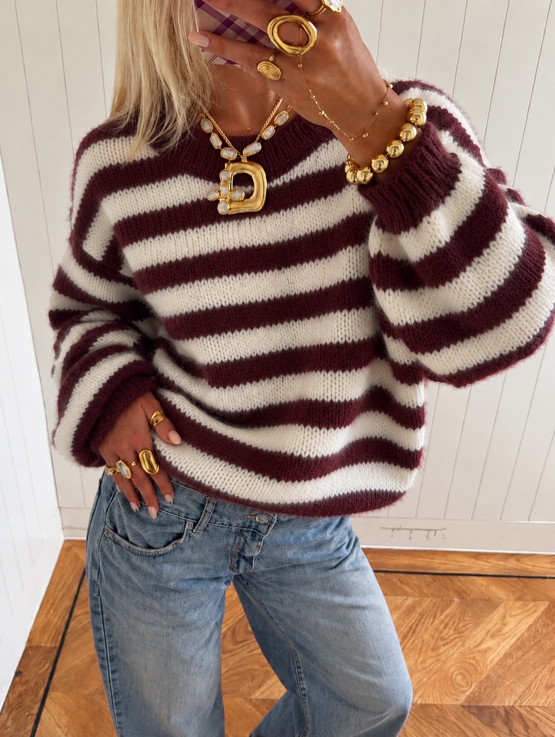 LOLA STRIPED KNIT - Burgundy/Cream