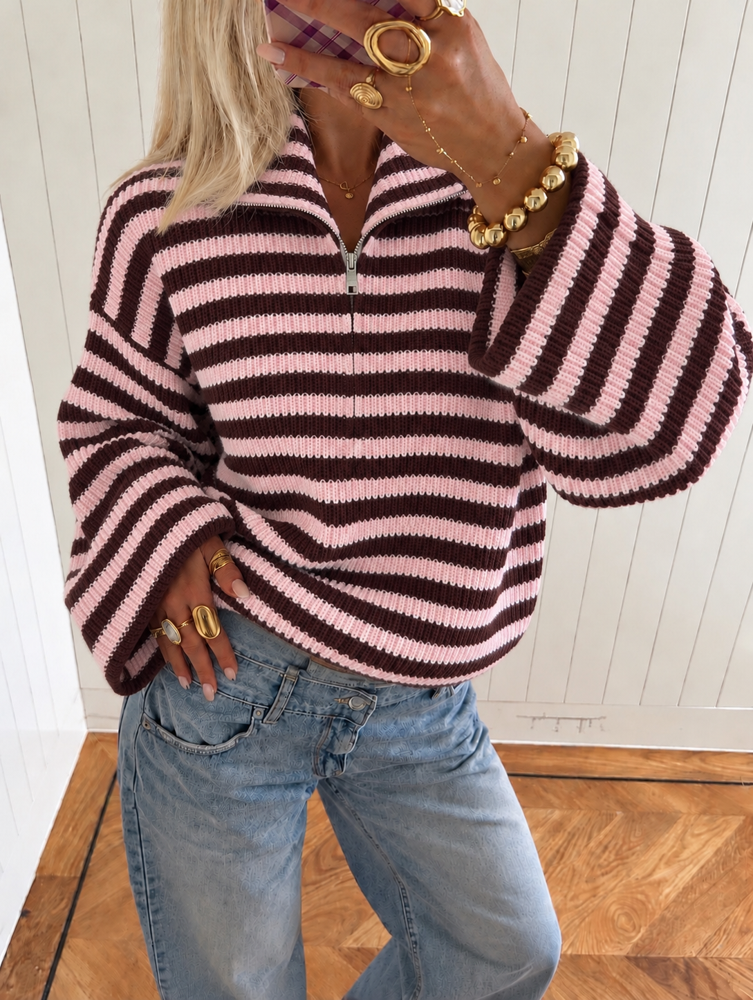Essential Zip Knit pink brown