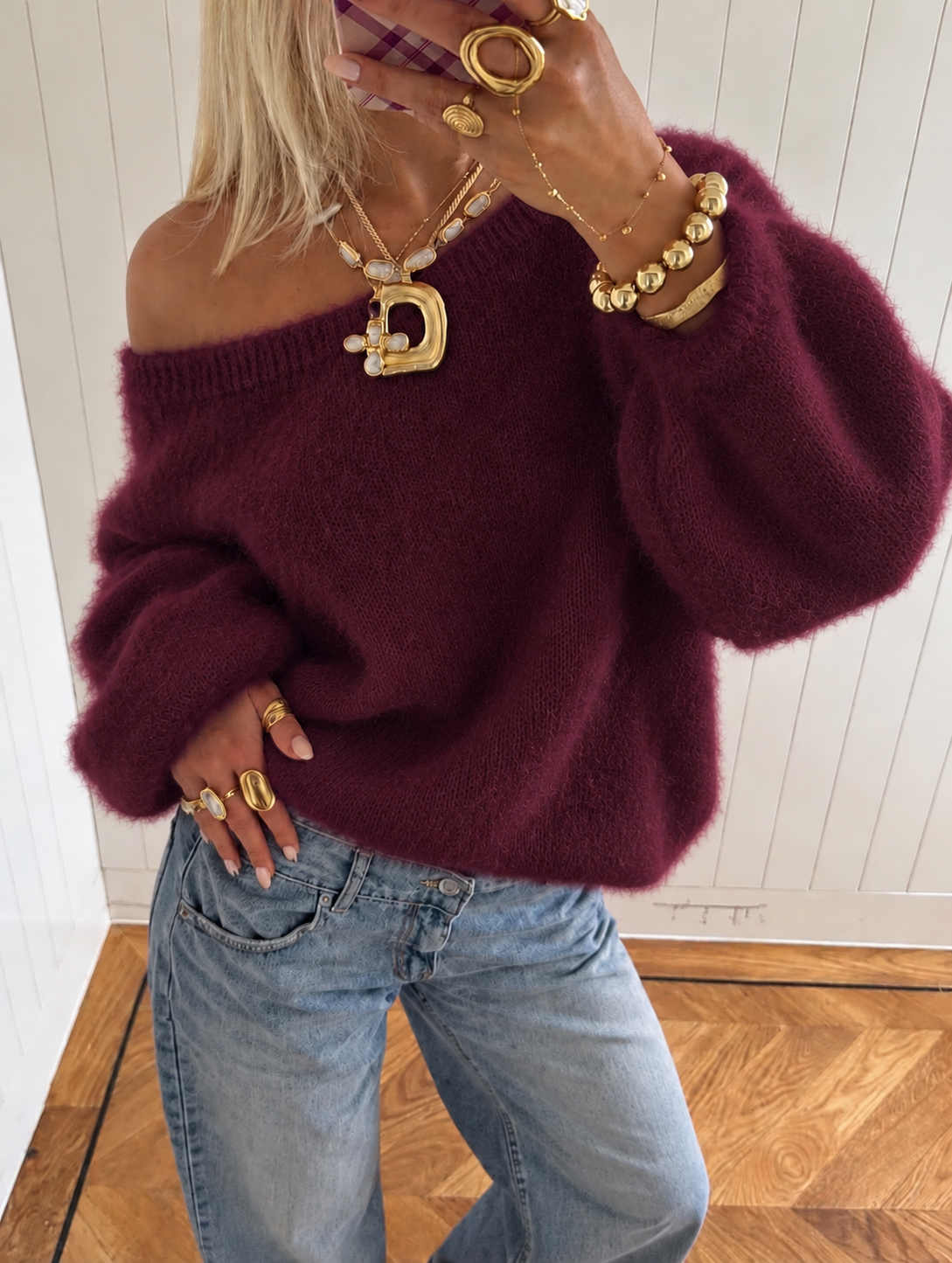 One shoulder trui bordeaux